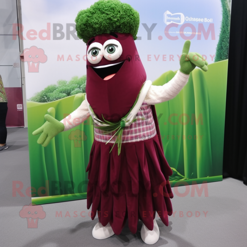 Maroon Asparagus mascot costume character dressed with a Skirt and Wraps