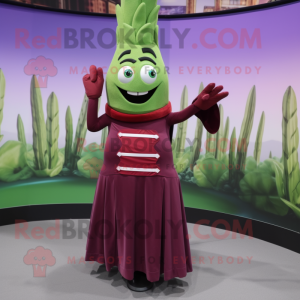 Maroon Asparagus mascot costume character dressed with a Skirt and Wraps