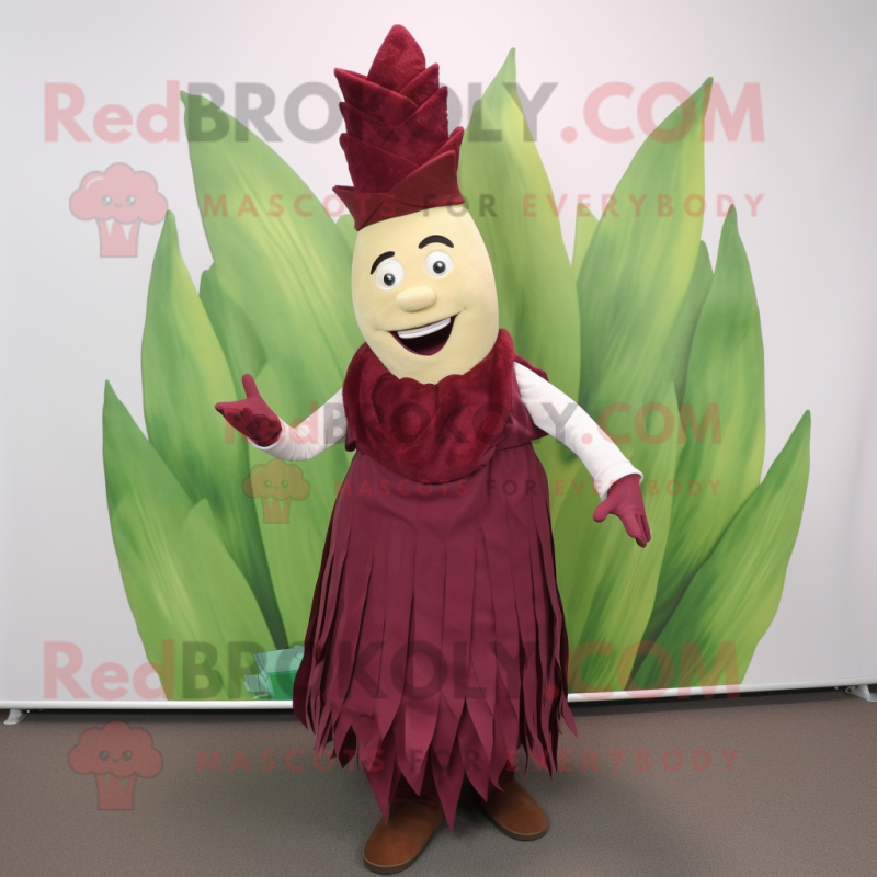 Maroon Asparagus mascot costume character dressed with a Skirt and Wraps Maroon Asparagus mascot costume character dressed with a Skirt and Wraps
