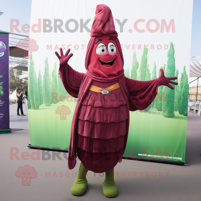 Maroon Asparagus mascot costume character dressed with a Skirt and Wraps Maroon Asparagus mascot costume character dressed with a Skirt and Wraps