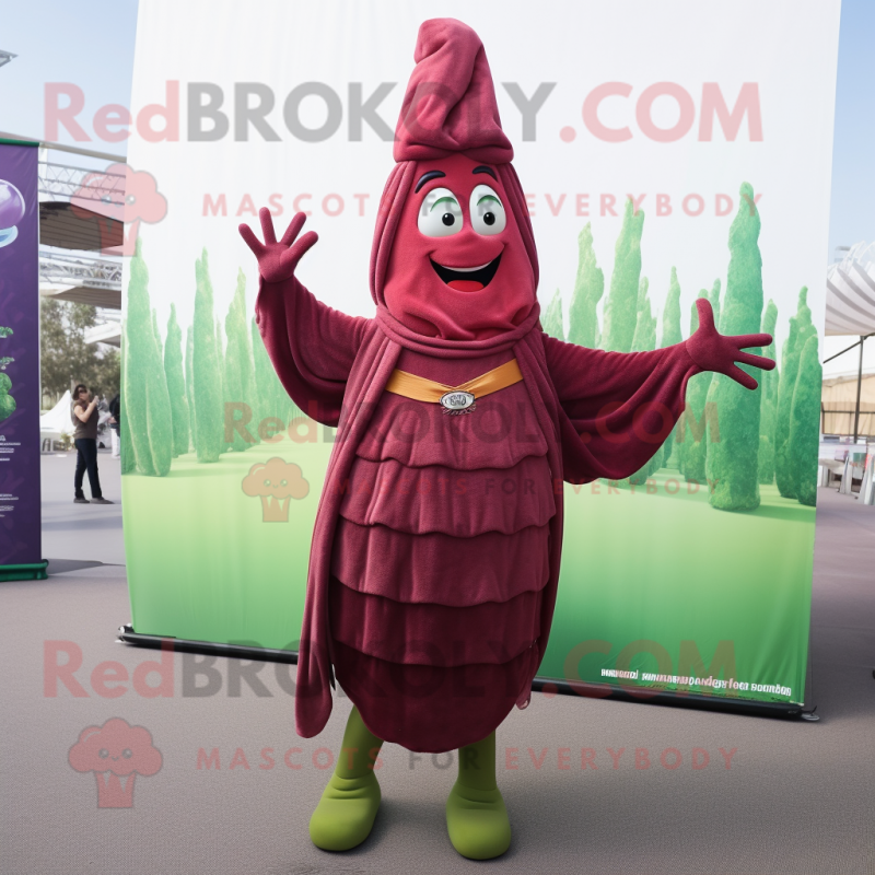 Maroon Asparagus mascot costume character dressed with a Skirt and Wraps