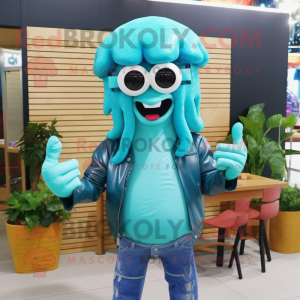 Cyan Fried Calamari mascot costume character dressed with a Leather Jacket and Eyeglasses