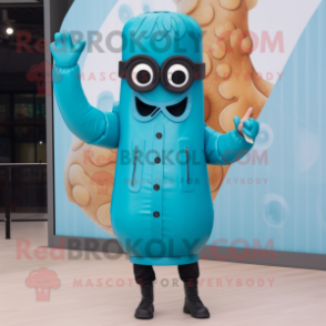 Cyan Fried Calamari mascot costume character dressed with a Leather Jacket and Eyeglasses