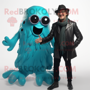 Cyan Fried Calamari mascot costume character dressed with a Leather Jacket and Eyeglasses