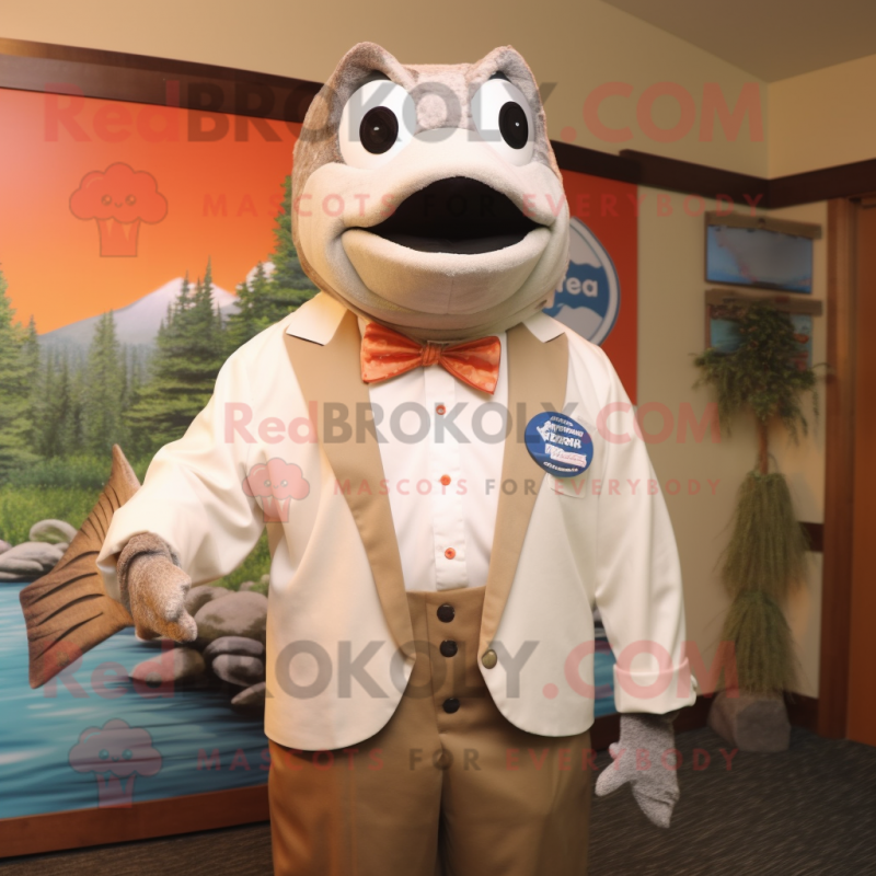 White Salmon mascot costume character dressed with a Blouse and Ties