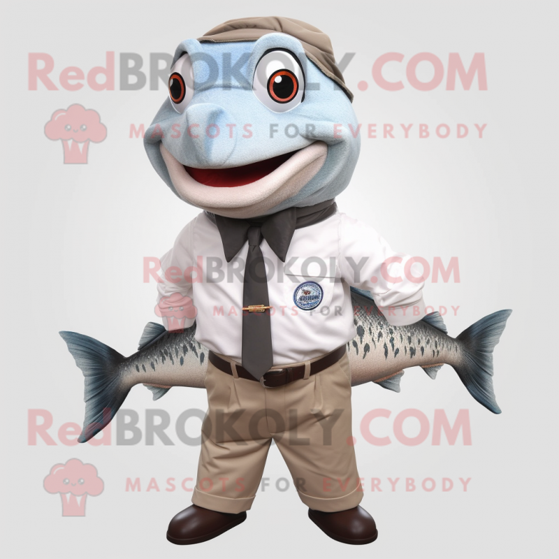 White Salmon mascot costume character dressed with a Blouse and Ties White Salmon mascot costume character dressed with a Blouse and Ties