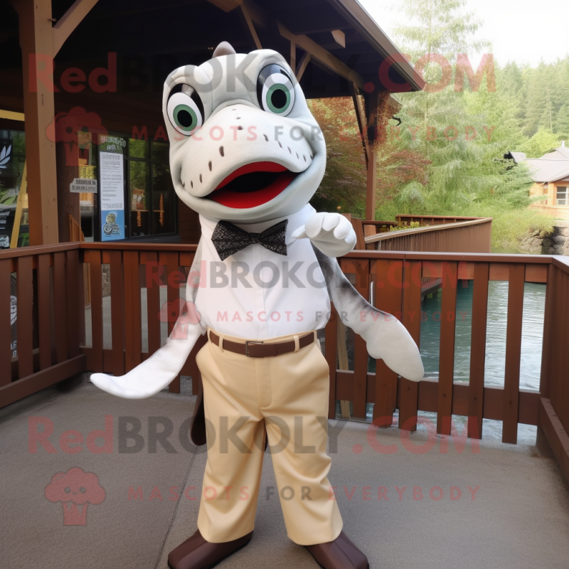 White Salmon mascot costume character dressed with a Blouse and Ties White Salmon mascot costume character dressed with a Blouse and Ties