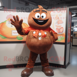 Brown Tomato mascot costume character dressed with a V-Neck Tee and Gloves