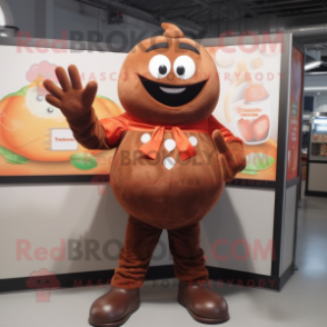 Brown Tomato mascot costume character dressed with a V-Neck Tee and Gloves