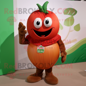 Brown Tomato mascot costume character dressed with a V-Neck Tee and Gloves