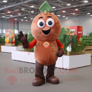 Brown Tomato mascot costume character dressed with a V-Neck Tee and Gloves