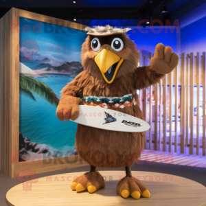 Brown Eagle mascot costume character dressed with a Board Shorts and Headbands