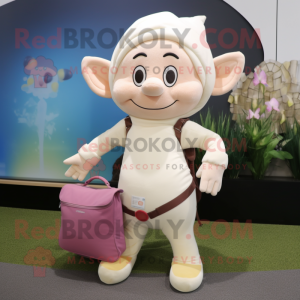 Cream Elf mascot costume character dressed with a Yoga Pants and Tote bags