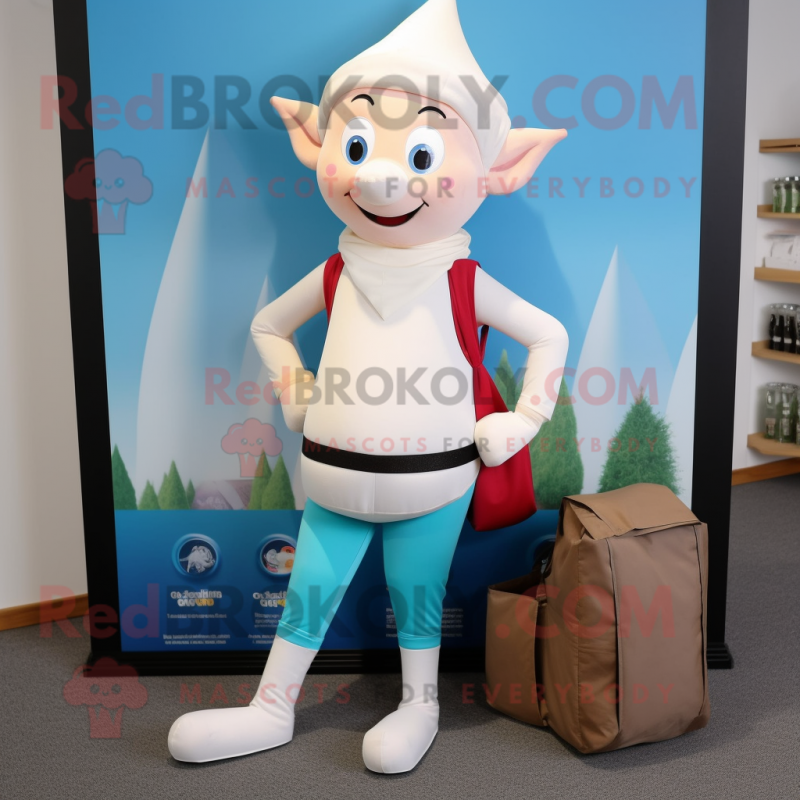 Cream Elf mascot costume character dressed with a Yoga Pants and Tote bags