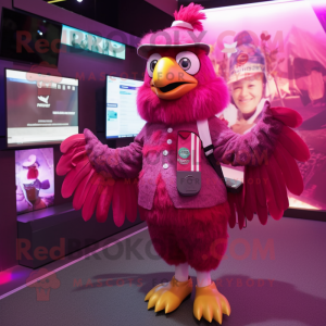 Magenta Eagle mascot costume character dressed with a Mini Dress and Berets