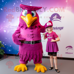 Magenta Eagle mascot costume character dressed with a Mini Dress and Berets