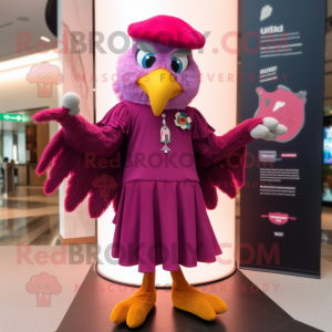 Magenta Eagle mascot costume character dressed with a Mini Dress and Berets