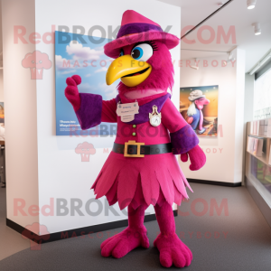 Magenta Eagle mascot costume character dressed with a Mini Dress and Berets