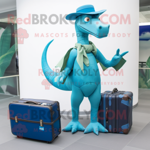 Turquoise Parasaurolophus mascot costume character dressed with a Flare Jeans and Briefcases