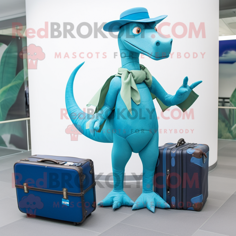 Turquoise Parasaurolophus mascot costume character dressed with a Flare Jeans and Briefcases Turquoise Parasaurolophus mascot costume character dressed with a Flare Jeans and Briefcases