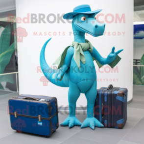 Turquoise Parasaurolophus mascot costume character dressed with a Flare Jeans and Briefcases