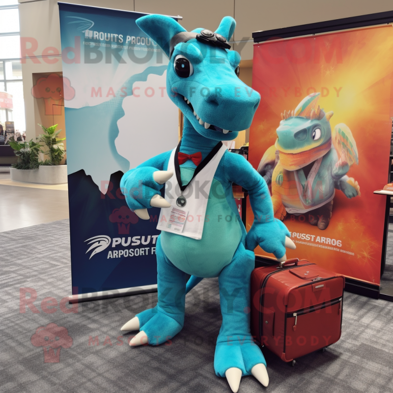 Turquoise Parasaurolophus mascot costume character dressed with a Flare Jeans and Briefcases