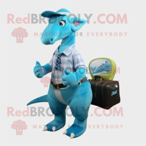 Turquoise Parasaurolophus mascot costume character dressed with a Flare Jeans and Briefcases