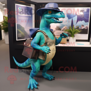 Turquoise Parasaurolophus mascot costume character dressed with a Flare Jeans and Briefcases