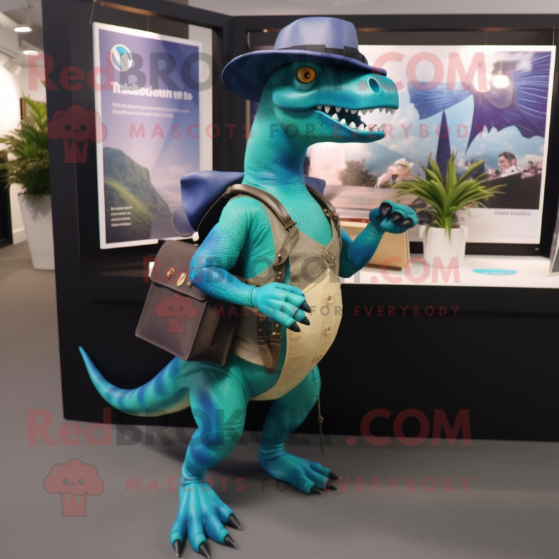 Turquoise Parasaurolophus mascot costume character dressed with a Flare Jeans and Briefcases Turquoise Parasaurolophus mascot costume character dressed with a Flare Jeans and Briefcases