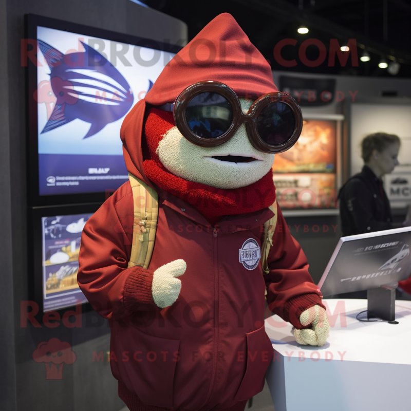 Maroon Tuna mascot costume character dressed with a Parka and Reading glasses