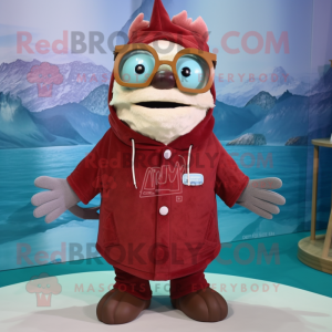 Maroon Tuna mascot costume character dressed with a Parka and Reading glasses