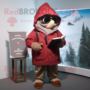 Maroon Tuna mascot costume character dressed with a Parka and Reading glasses