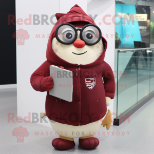 Maroon Tuna mascot costume character dressed with a Parka and Reading glasses