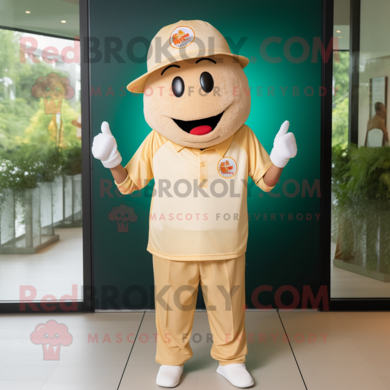 Tan Fried Rice mascot costume character dressed with a Polo Tee and Caps