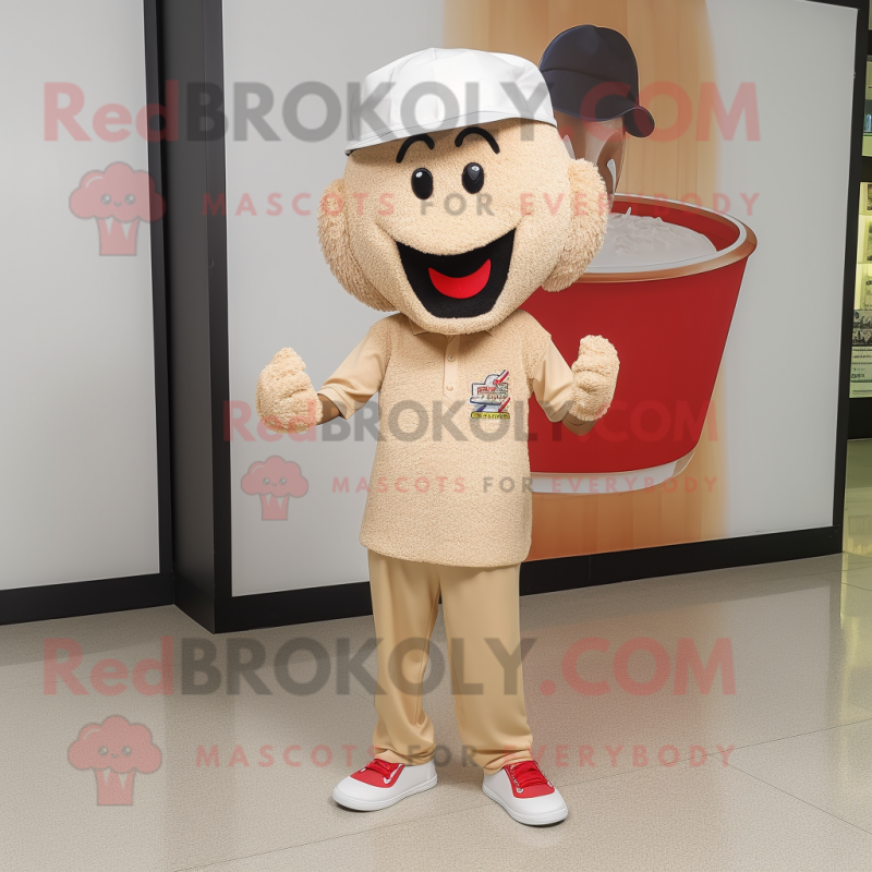 Tan Fried Rice mascot costume character dressed with a Polo Tee and Caps