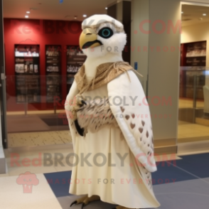 Cream Falcon mascot costume character dressed with a Empire Waist Dress and Shawl pins