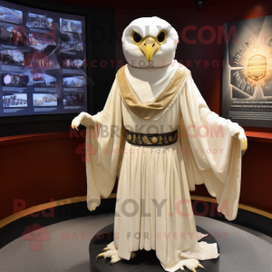 Cream Falcon mascot costume character dressed with a Empire Waist Dress and Shawl pins
