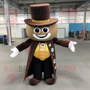 Brown Ring Master mascot costume character dressed with a Jumpsuit and Hat pins