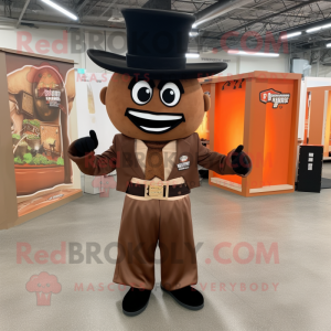 Brown Ring Master mascot costume character dressed with a Jumpsuit and Hat pins