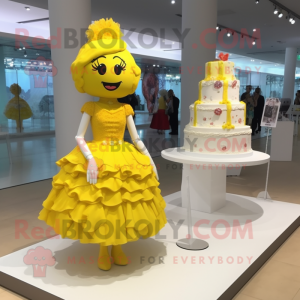 Yellow Wedding Cake mascot costume character dressed with a Shift Dress and Hair clips