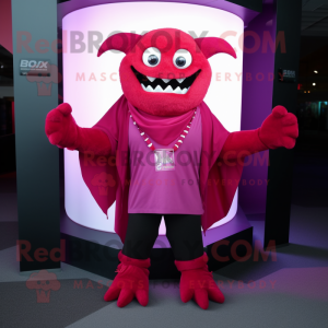 Magenta Demon mascot costume character dressed with a V-Neck Tee and Scarf clips