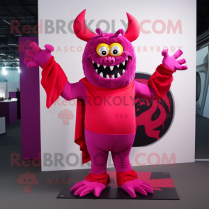 Magenta Demon mascot costume character dressed with a V-Neck Tee and Scarf clips
