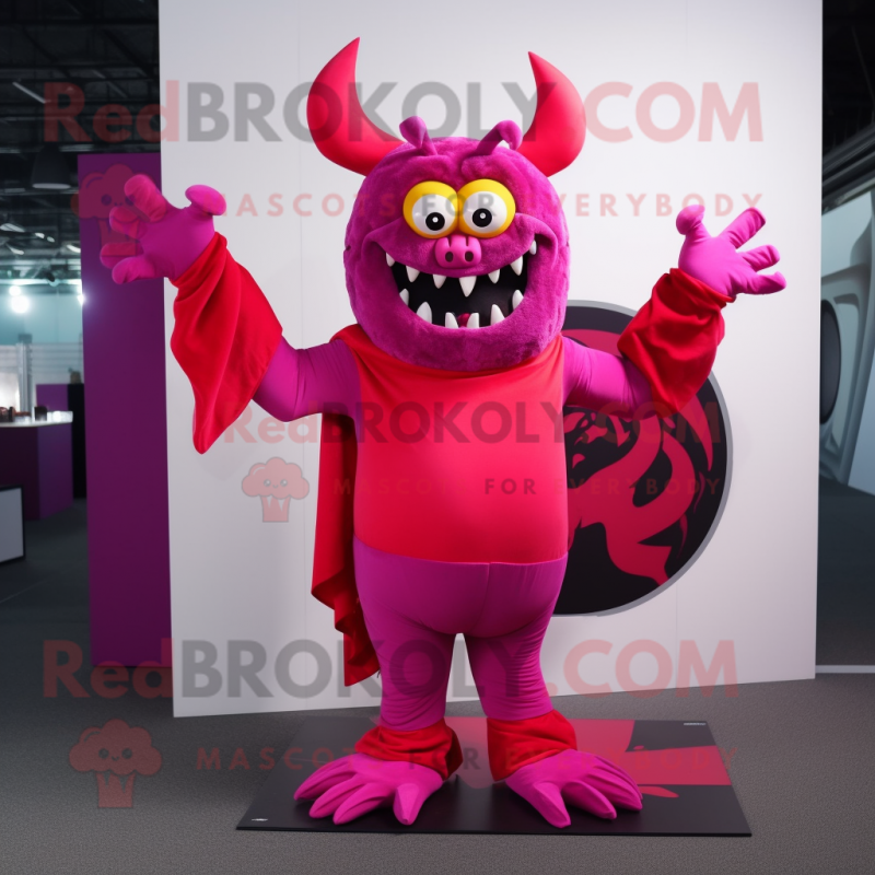 Magenta Demon mascot costume character dressed with a V-Neck Tee and Scarf clips Magenta Demon mascot costume character dressed with a V-Neck Tee and Scarf clips