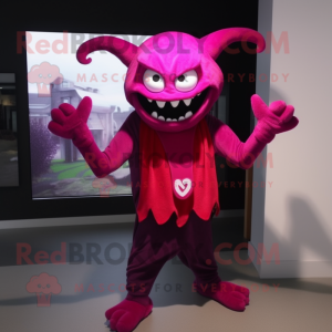 Magenta Demon mascot costume character dressed with a V-Neck Tee and Scarf clips