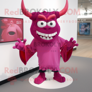 Magenta Demon mascot costume character dressed with a V-Neck Tee and Scarf clips