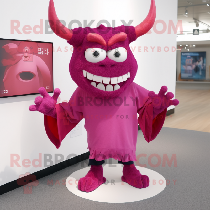 Magenta Demon mascot costume character dressed with a V-Neck Tee and Scarf clips Magenta Demon mascot costume character dressed with a V-Neck Tee and Scarf clips