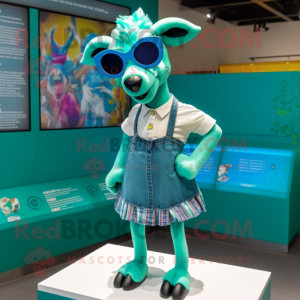 Teal Goat mascot costume character dressed with a Mini Skirt and Sunglasses