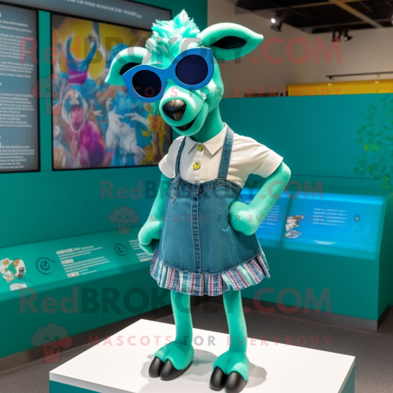 Teal Goat mascot costume character dressed with a Mini Skirt and Sunglasses