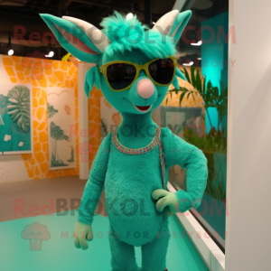 Teal Goat mascot costume character dressed with a Mini Skirt and Sunglasses