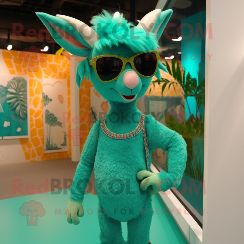 Teal Goat mascot costume character dressed with a Mini Skirt and Sunglasses Teal Goat mascot costume character dressed with a Mini Skirt and Sunglasses